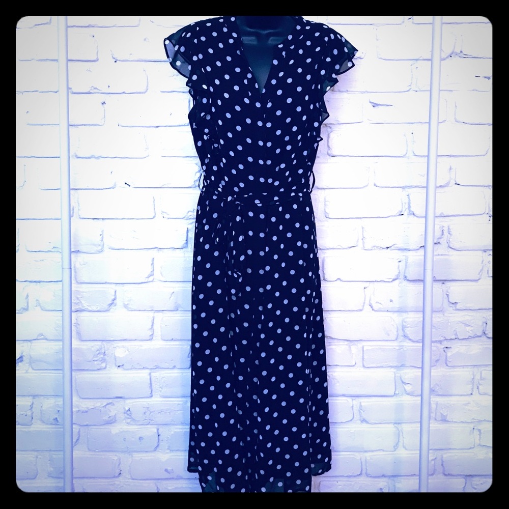 Ruffle sleeve midi polka dot dress with string tie